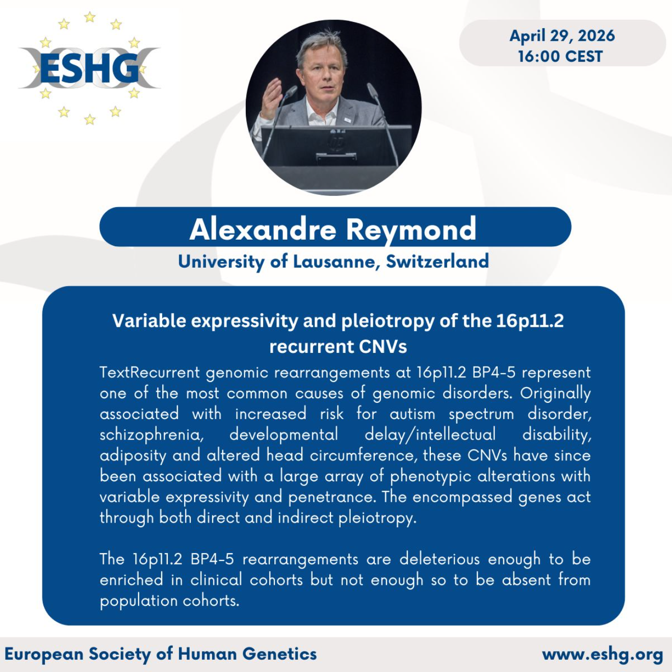 Webinar gratuito  con Alexandre Reymond: Expresividad variable y pleiotropía de CNVs recurrentes 16p11.2