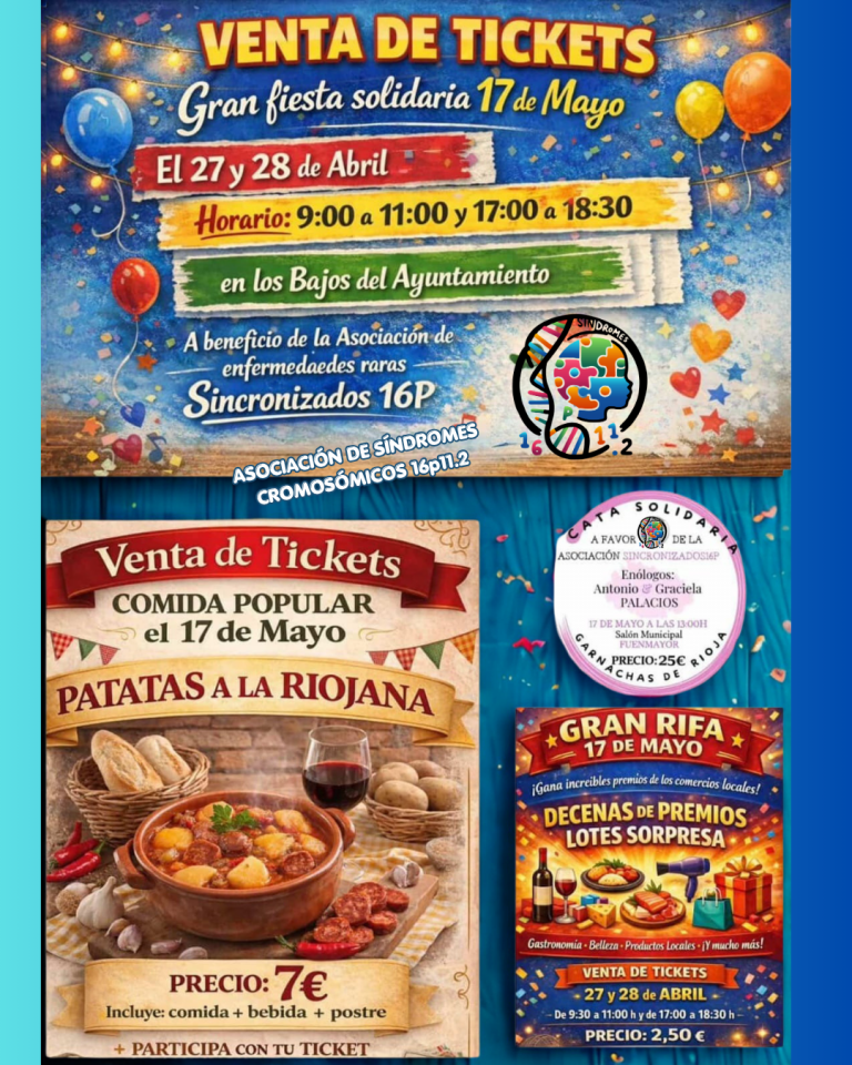 Cartel de la gran fiesta solidaria del 17 de mayo en Fuenmayor con venta de tickets, comida popular y actividades a beneficio de SINCRONIZADOS16P