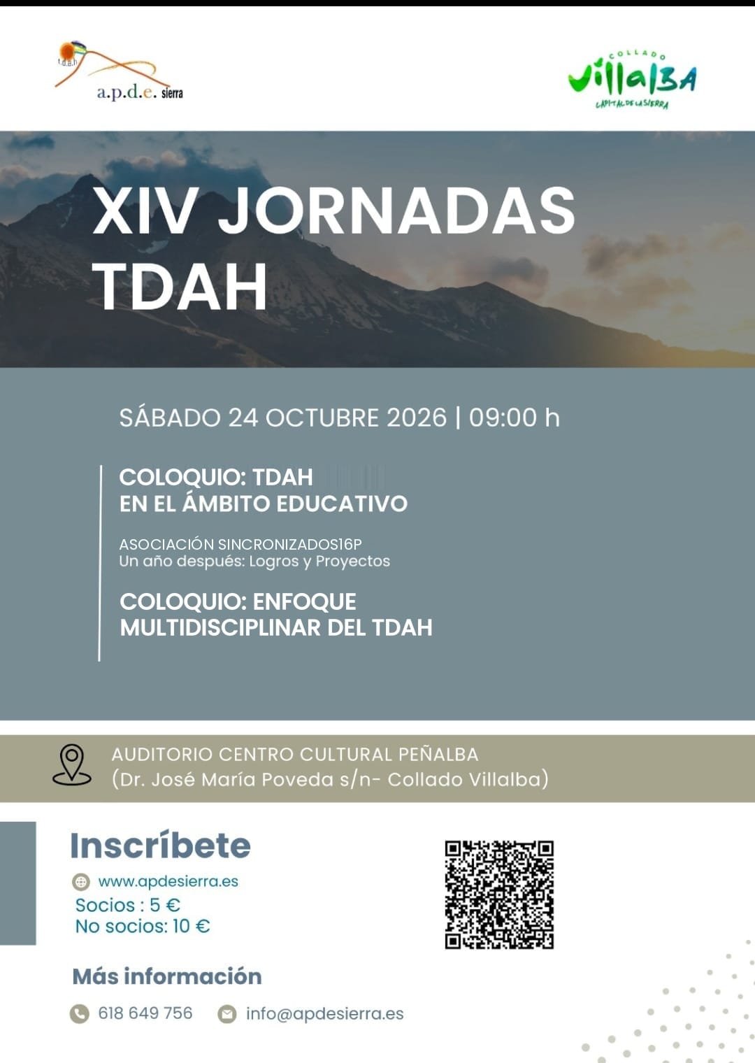 Cartel de las XIV Jornadas Multidisciplinares sobre TDAH de APDE Sierra, sábado 24 de octubre de 2026 en Collado Villalba