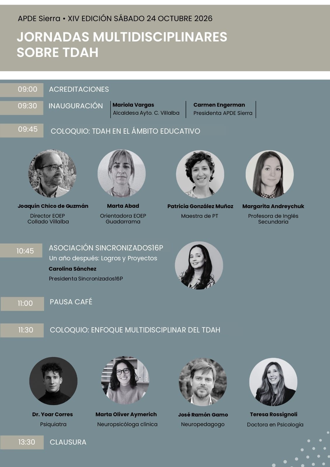 Programa de las XIV Jornadas Multidisciplinares sobre TDAH de APDE Sierra con ponentes y horarios